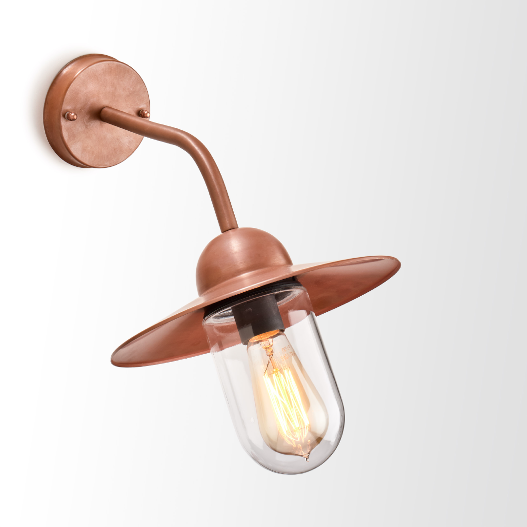 DEKSEL: Matte Aged Copper Exterior Wall Lamp With Clear Glass IP54