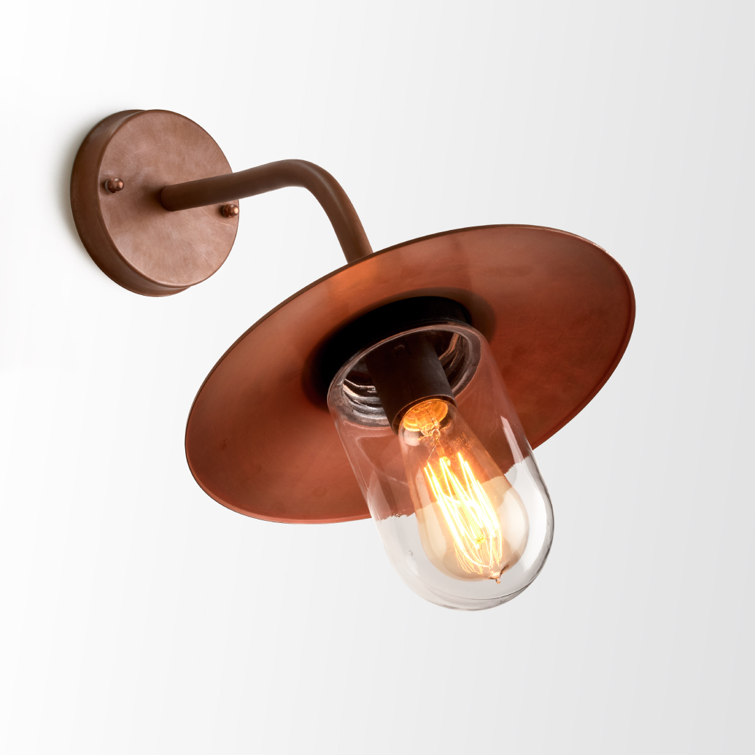 DEKSEL: Matte Aged Copper Exterior Wall Lamp With Clear Glass IP54