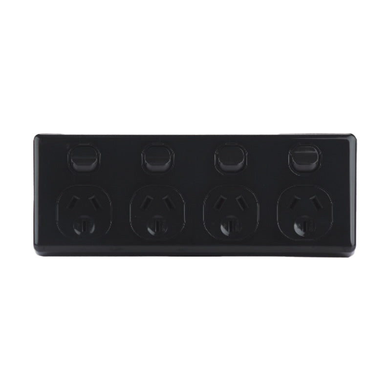 AVOL Power Point 4 Gang Double Pole | 250VAC 10A | Black | Horizontal
