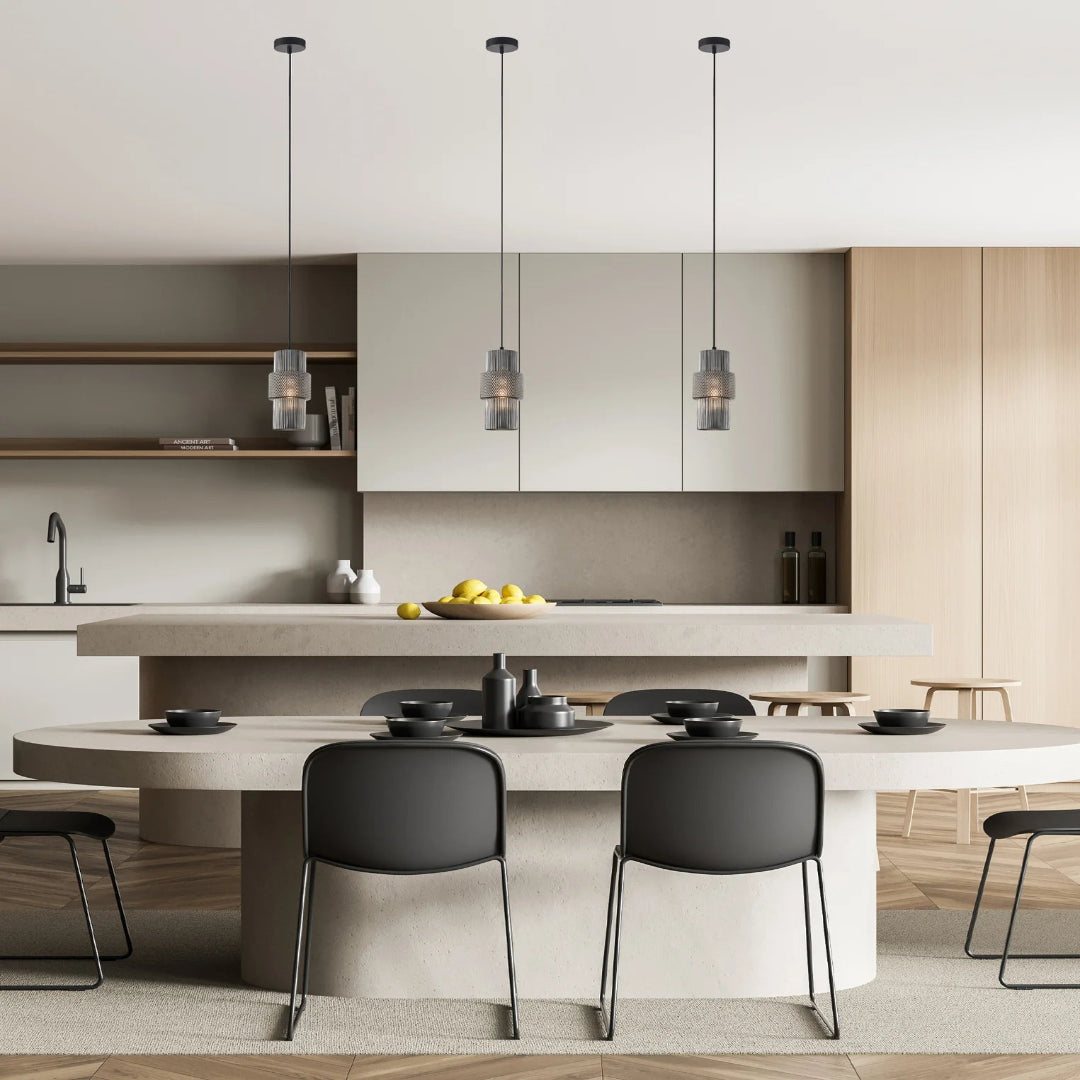 HUECA: Interior Double Cylinder Ribbed with Segment Pendant Lights