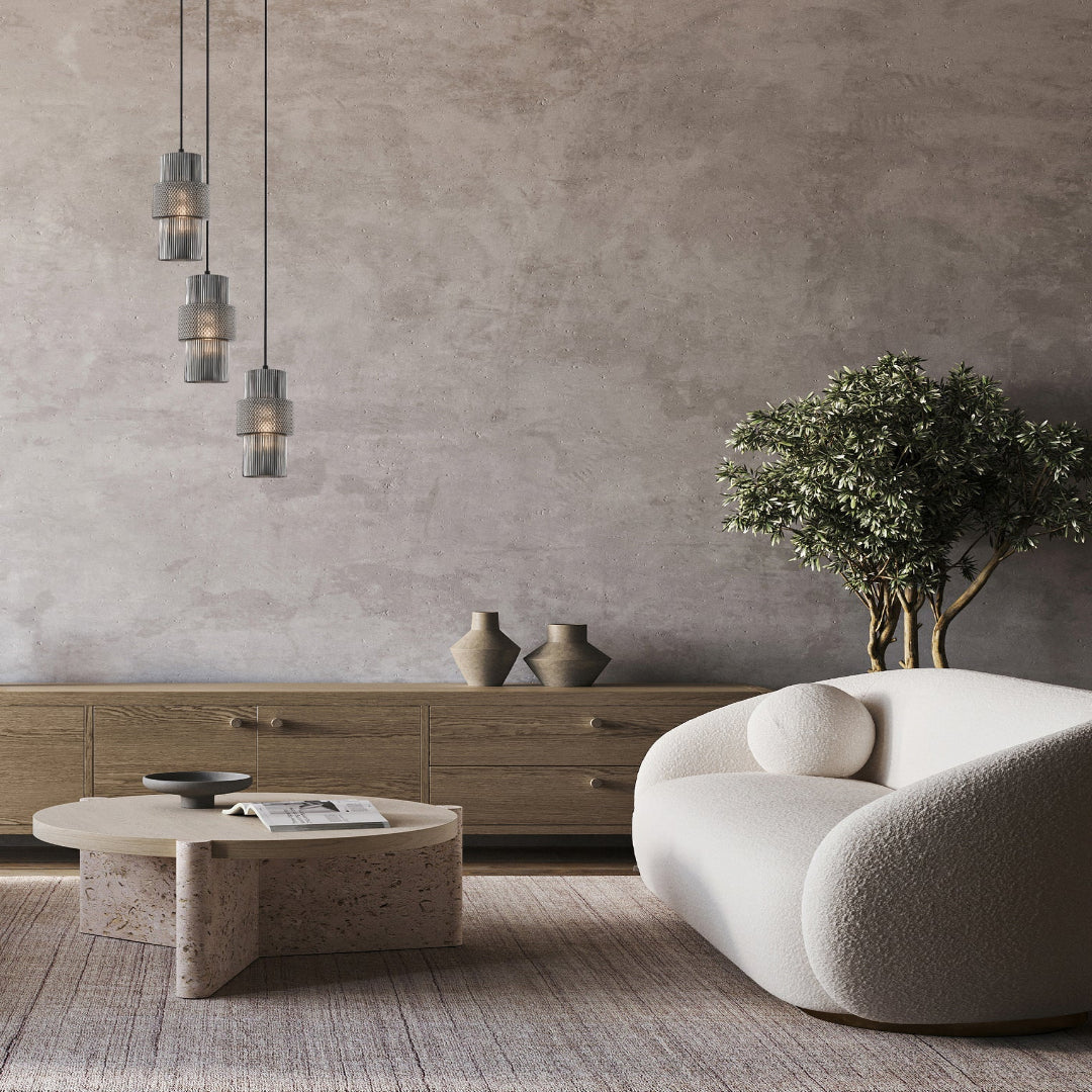 HUECA: Interior Double Cylinder Ribbed with Segment Pendant Lights