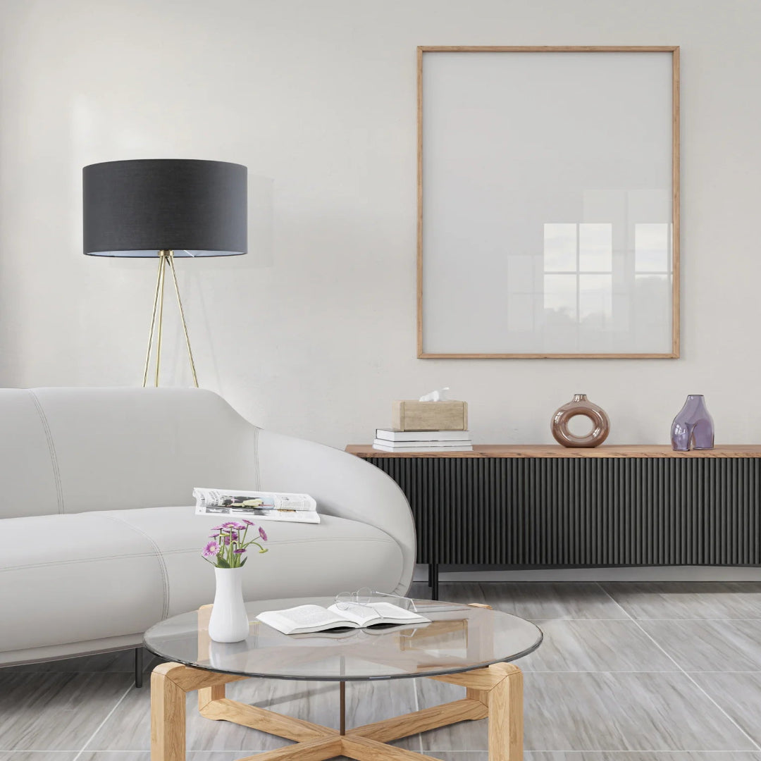 JAMBES: Drum Shade with Antique Brass Tripod Floor Lamps