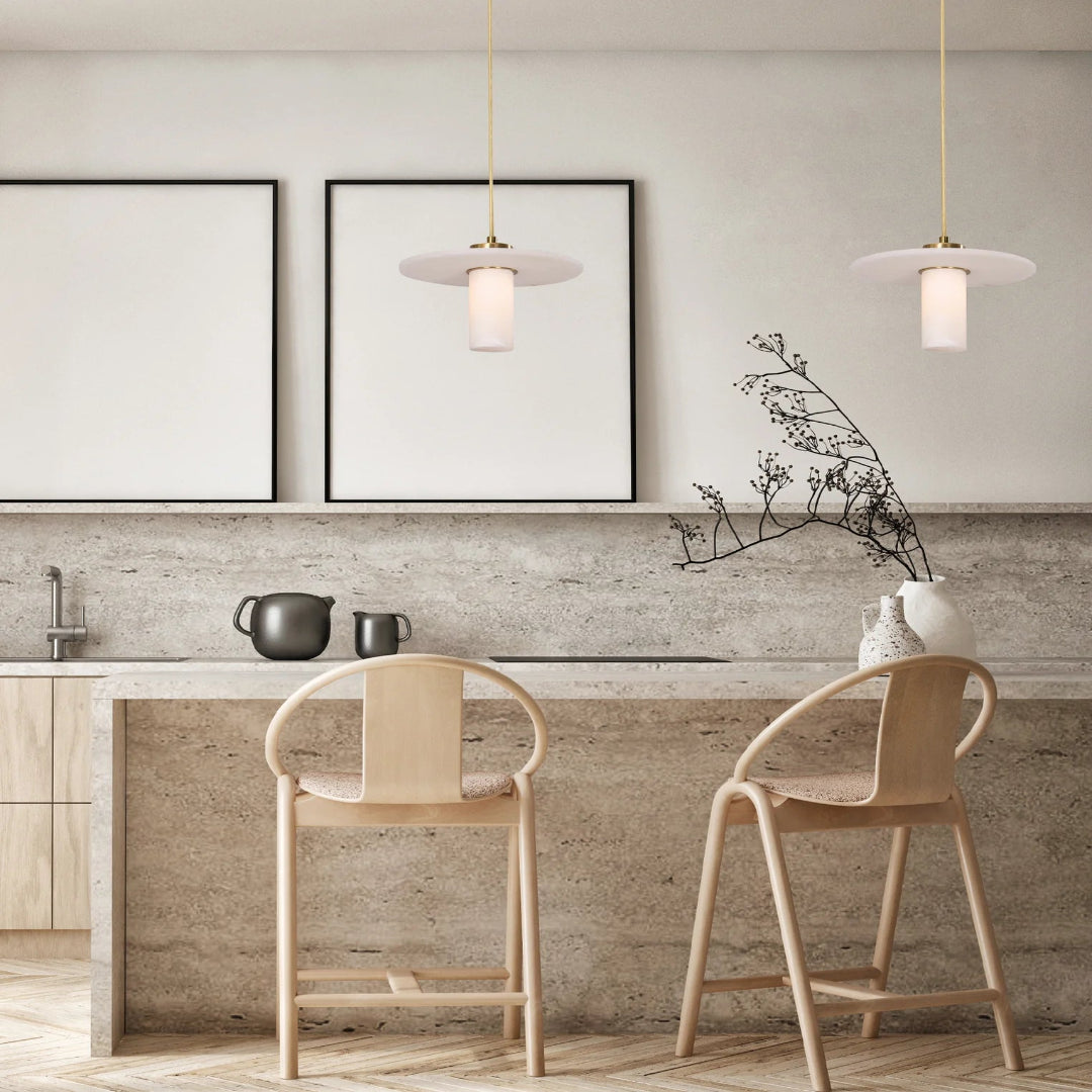 LUCERNA: Interior Cylinder Round Hat Alabaster Shade Brass Highlight Pendant Light
