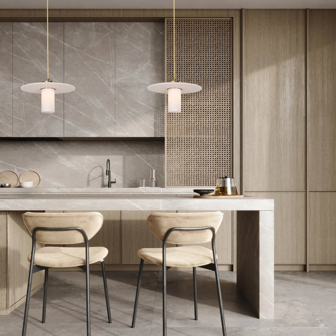 LUCERNA: Interior Cylinder Round Hat Alabaster Shade Brass Highlight Pendant Light
