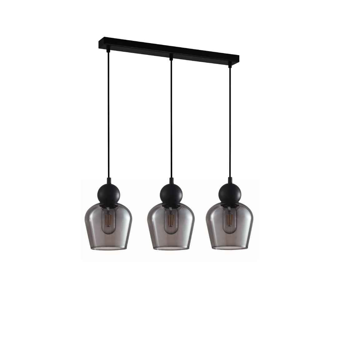 CHAMPAN: Interior Bronze Amber / Smokey Black Glass Ellipse Multiple Bar Base Pendant Lights