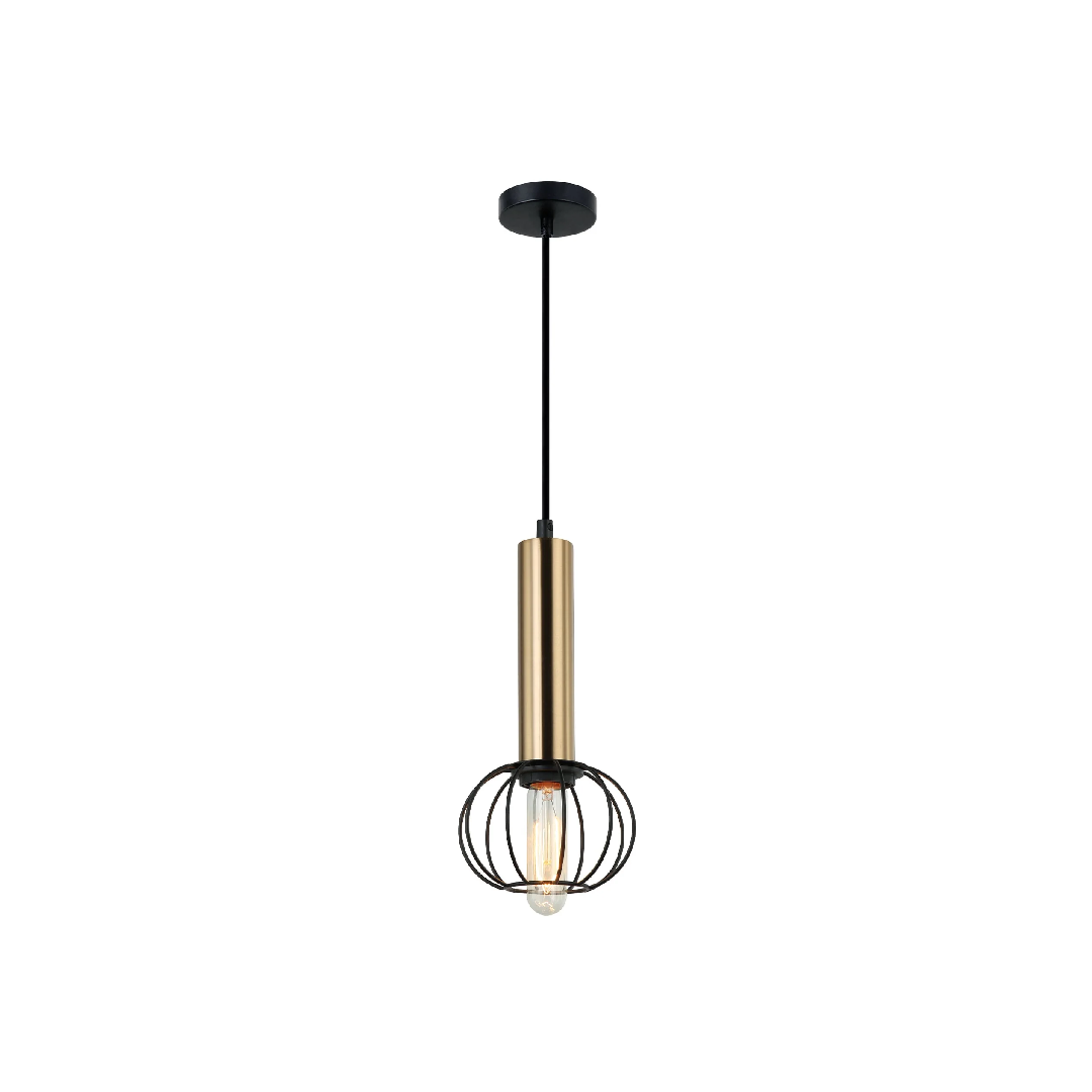 CORAZON: Interior Antique Brass and Matte Black Round Cage Pendant Light