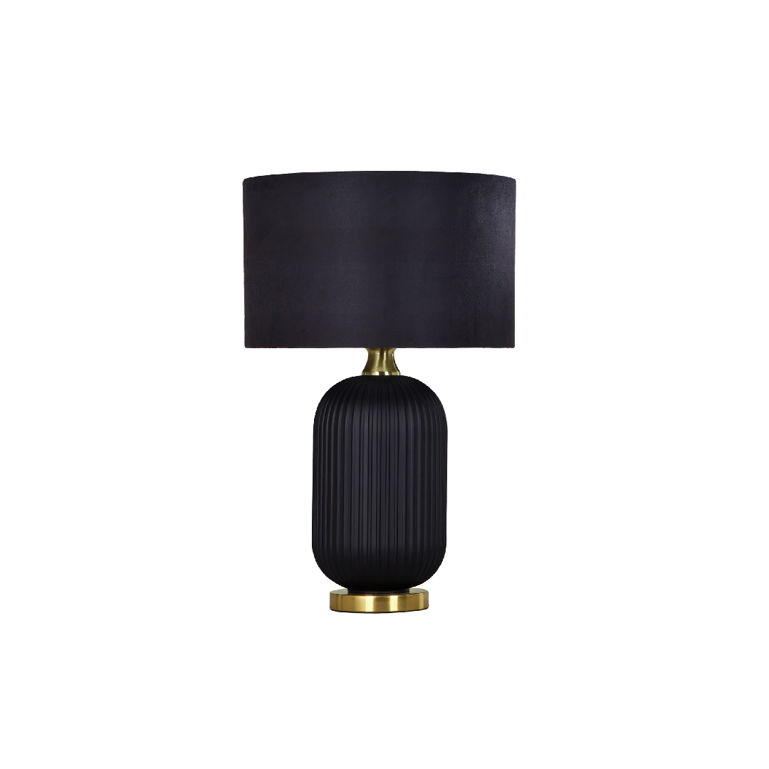 LUSSO: Interior Black Drum Shade Ceramic Base with Antique Brass Highlight Table Lamps