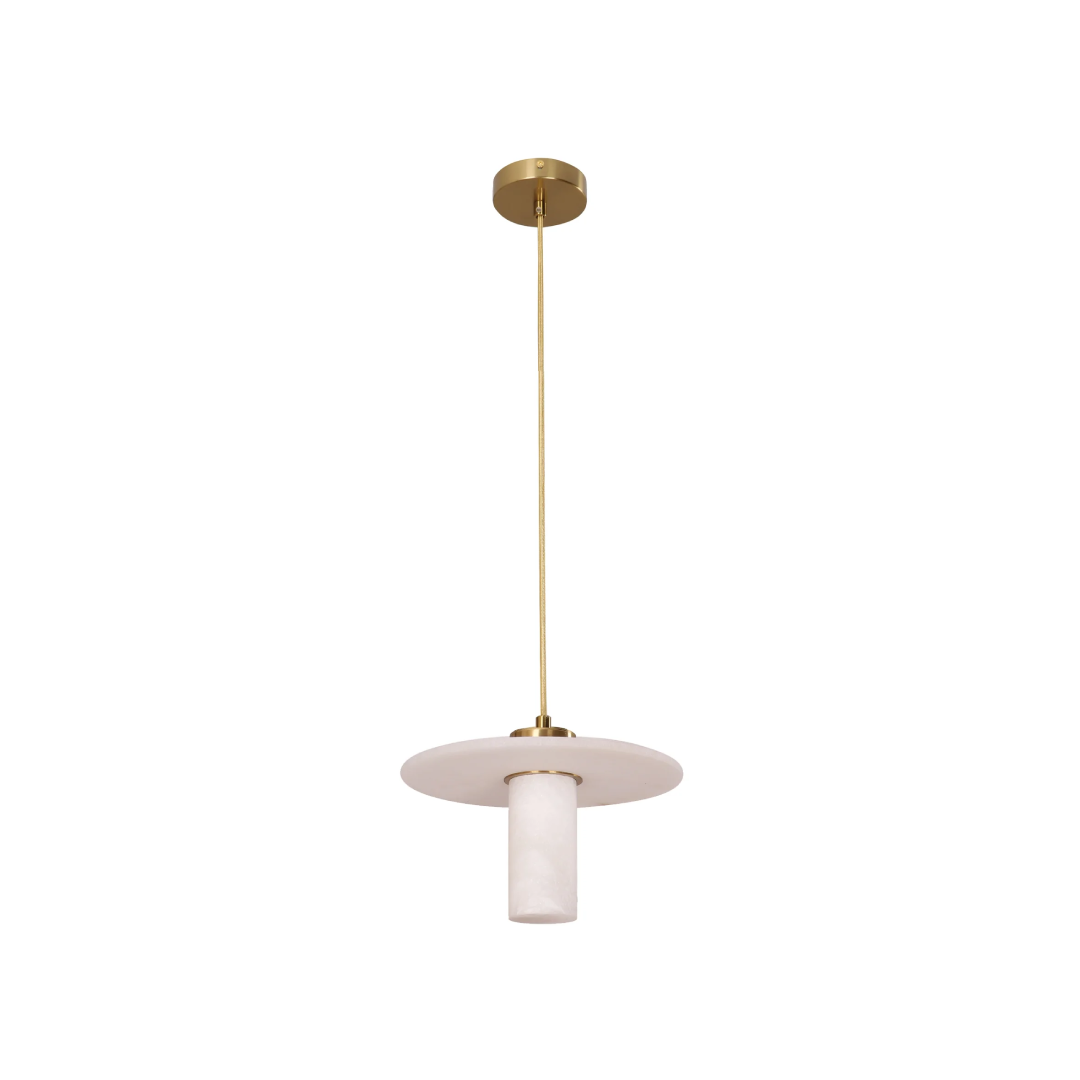 LUCERNA: Interior Cylinder Round Hat Alabaster Shade Brass Highlight Pendant Light