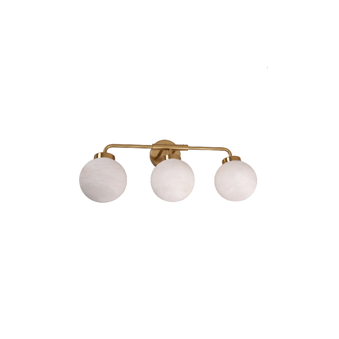 PALLA: Interior Triple Sphere Alabaster with Brass Highlight Round Base Wall Light