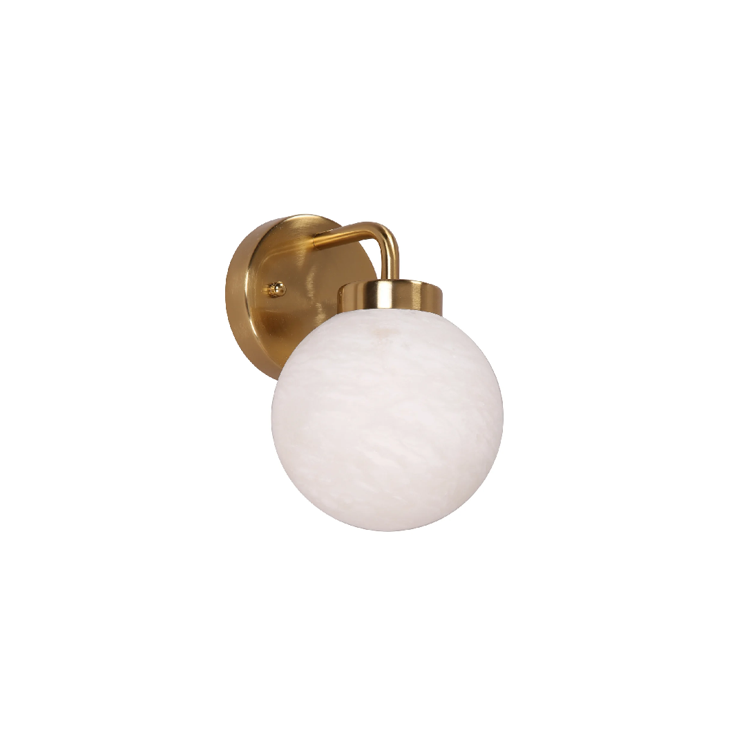 PALLA: Interior Single Sphere Alabaster with Brass Highlight Round Base Wall Light