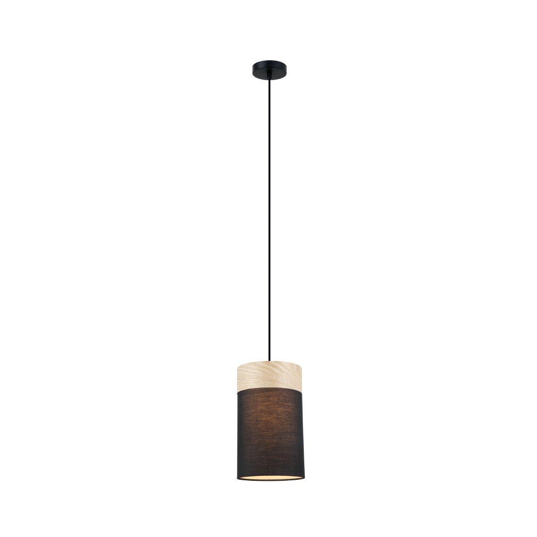 TAMBURA: Scandinavian Small Round Cloth Shade with Wood Veneer Trim Pendant Lights