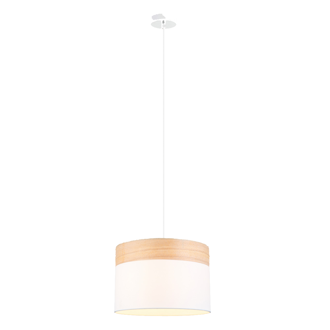 TAMBURA: Scandinavian Medium Drum Cloth Shade with Wood Veneer Trim Pendant Lights