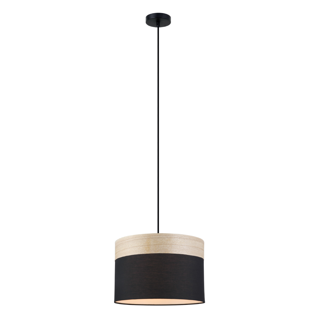 TAMBURA: Scandinavian Medium Drum Cloth Shade with Wood Veneer Trim Pendant Lights