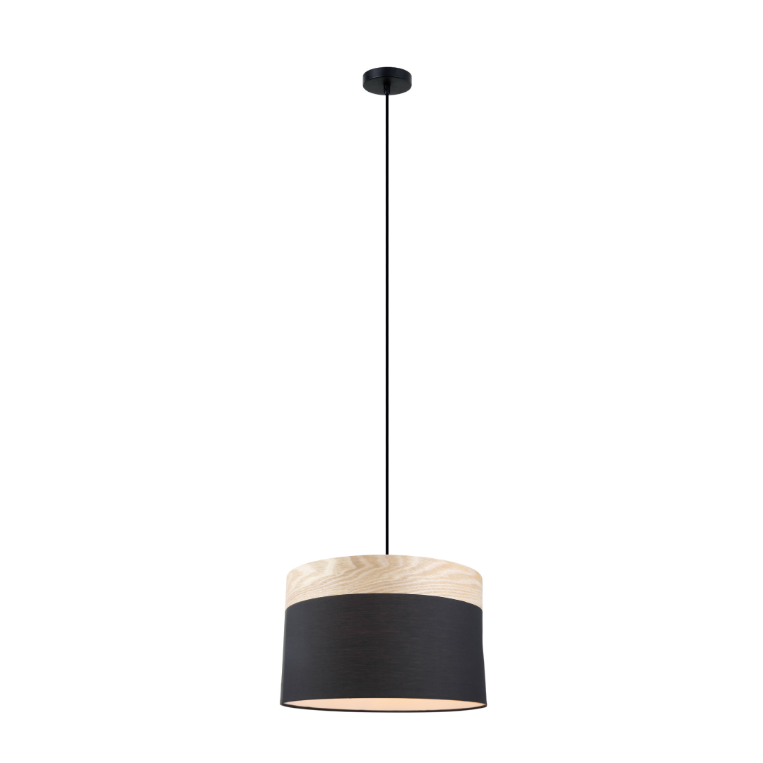 TAMBURA: Scandinavian Large Drum Cloth Shade with Wood Veneer Trim Pendant Lights