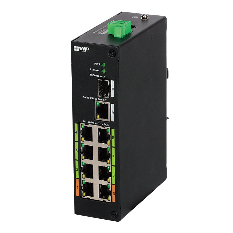 VIP Vision 8-port Unmanaged Fast Extended PoE DIN Rail Ethernet Switch