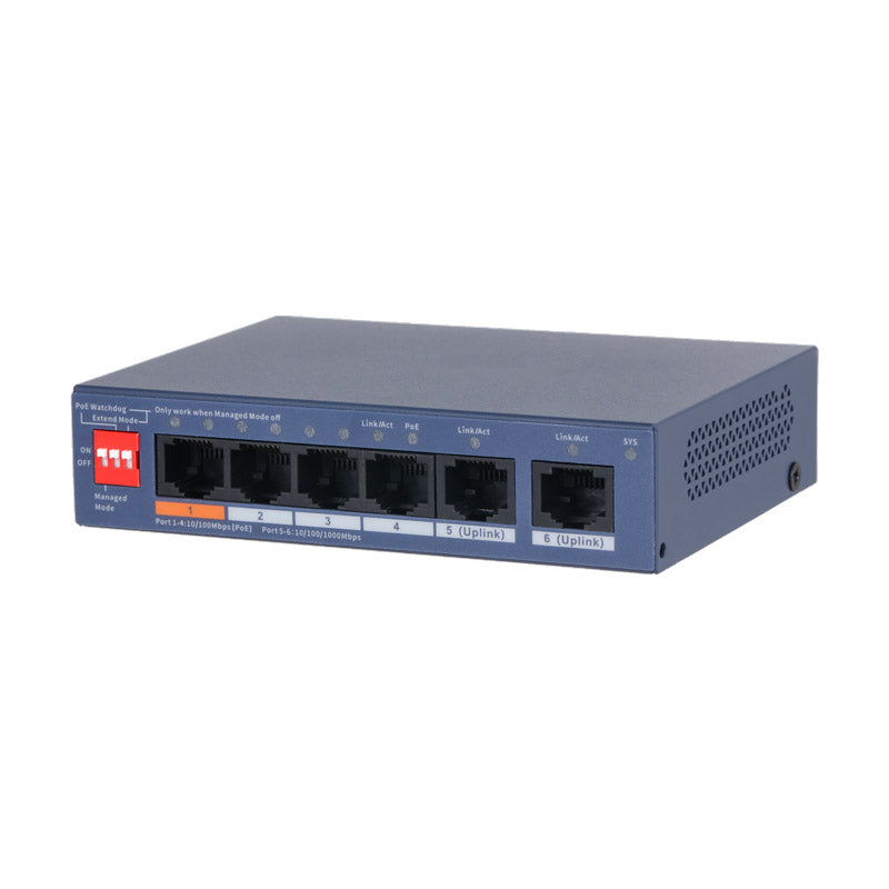VIP Vision Unmanaged 4-Port (100M) Hi-PoE Switch with 2-Port Uplink (1000M)