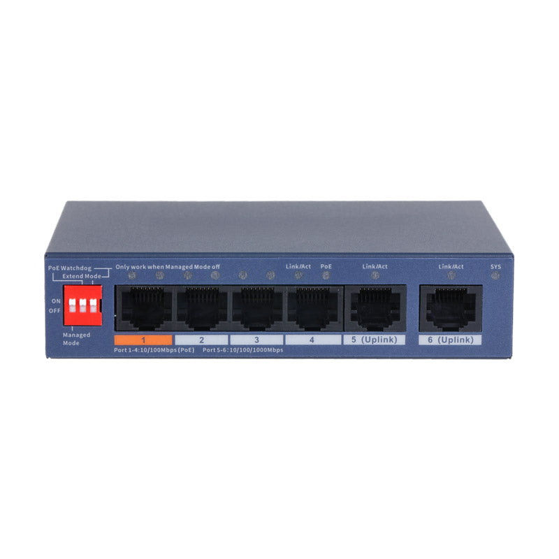 VIP Vision Unmanaged 4-Port (100M) Hi-PoE Switch with 2-Port Uplink (1000M)